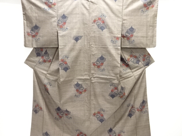 JAPANESE KIMONO / UNUSED / SILK / DORO OSHIMA TSUMUGI / WOVEN FLOWERS & SEIGAIHA